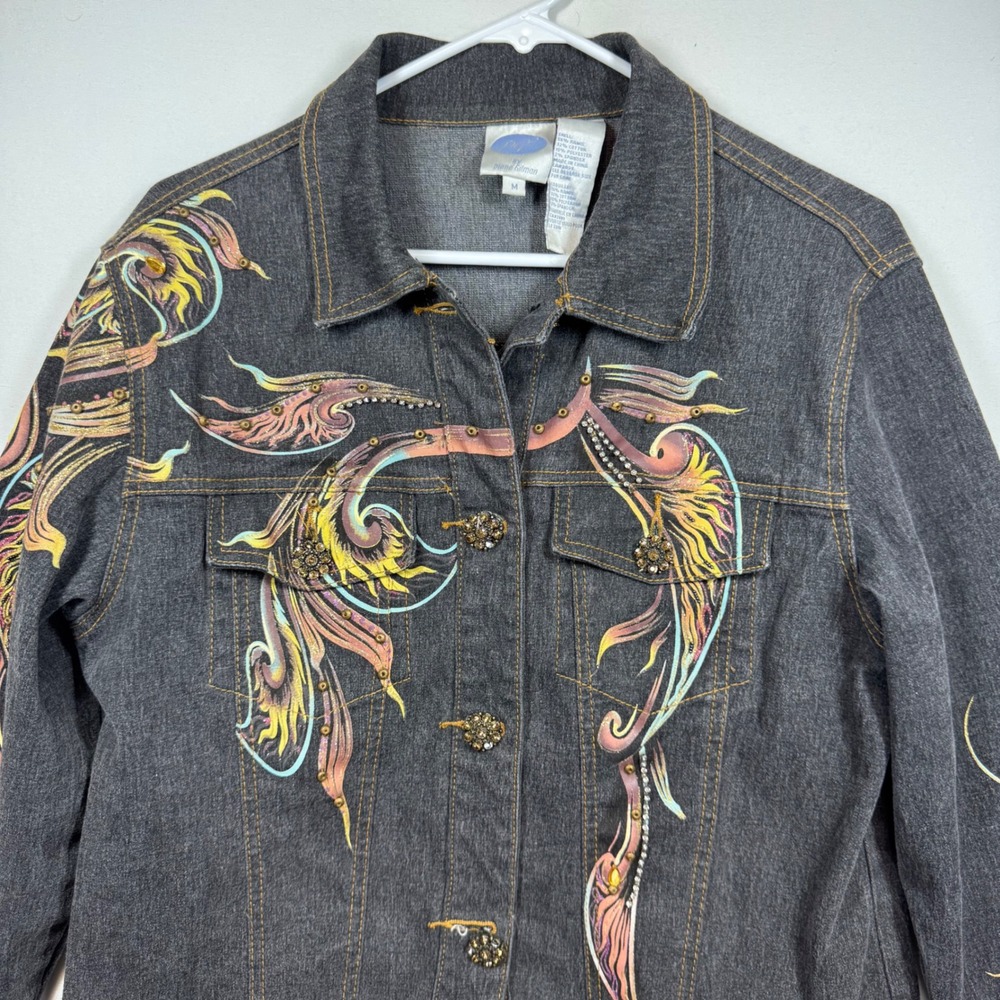 DG2‎ Diane Gilman Embellished Denim Jacket Women's Size M Charcoal Wash